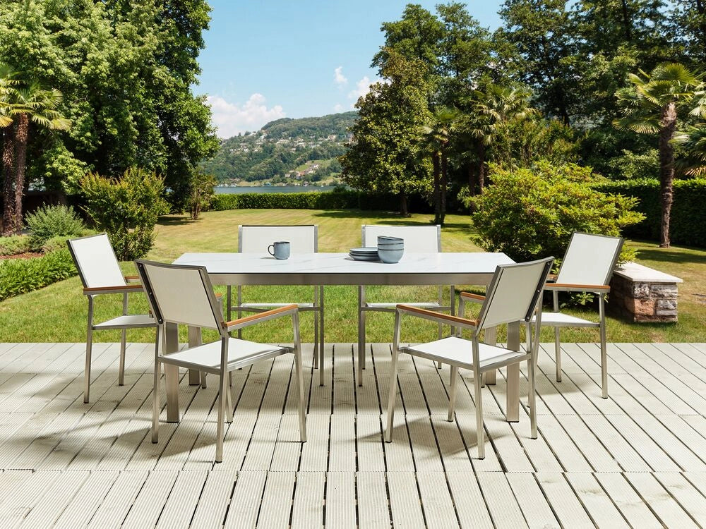 Tavolo da giardino Piano in vetro temperato effetto marmo Struttura in acciaio inox Rettangolare 180 x 90 cm 6 posti a sedere