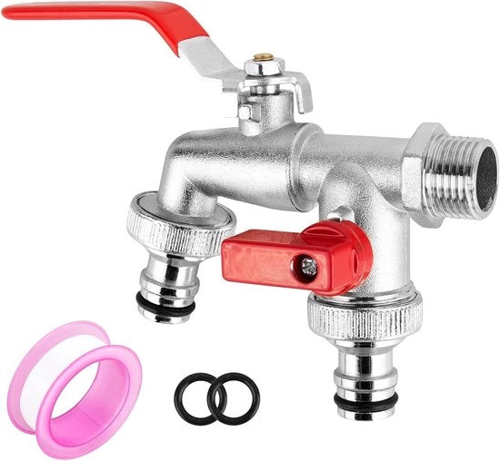 Doppia pompa per giardino 1/2 e 3/4 pollici con 2 guarnizioni e nastro di sigillaggio - ottone per giardino e casa