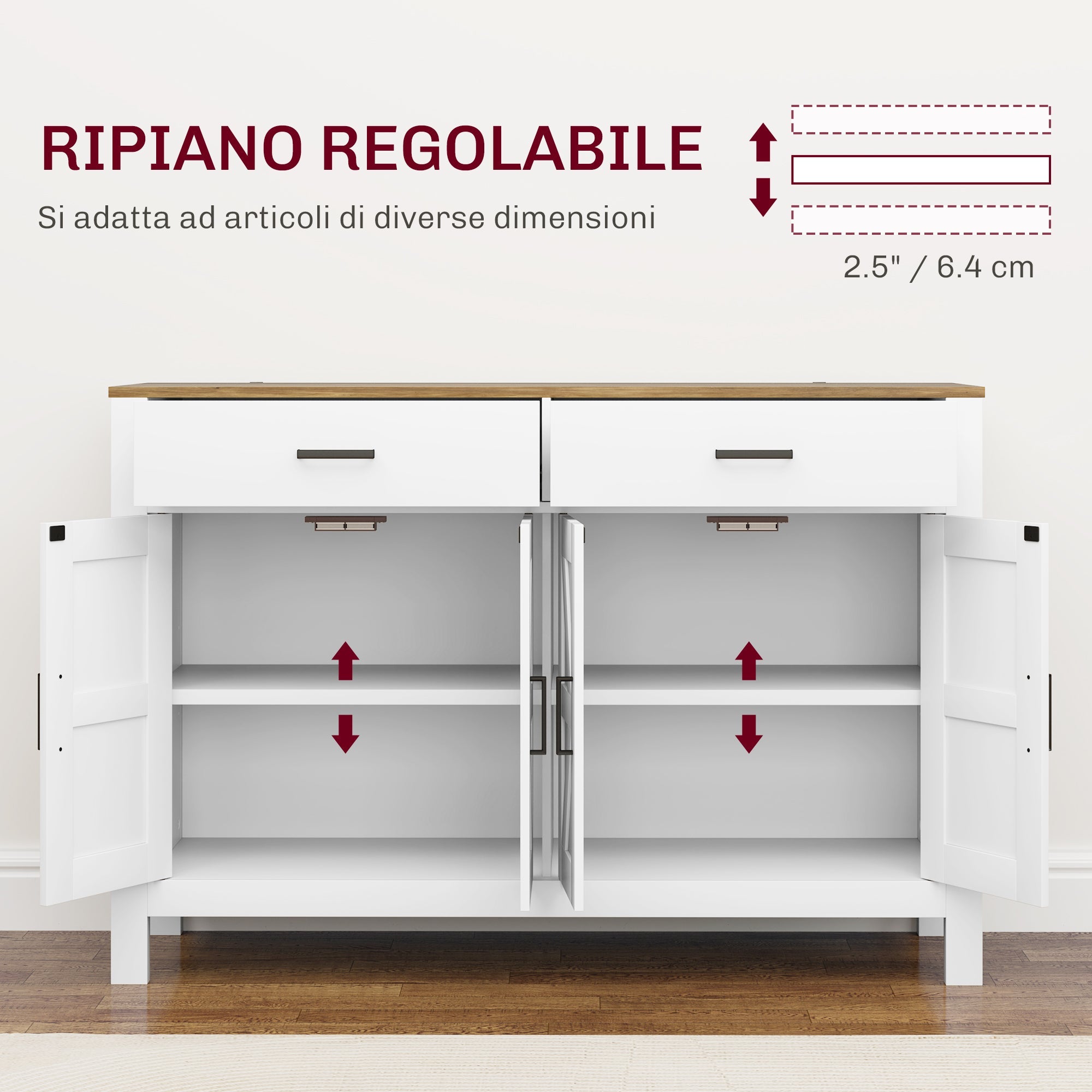 Credenza Stile Rustico con 2 Cassetti e 2 Armadietti 120x39,3x82,5 cm Bianco