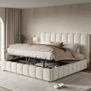 Letto matrimoniale 200x200 cm con contenitore idraulico; testiera imbottita; bouclé bianco