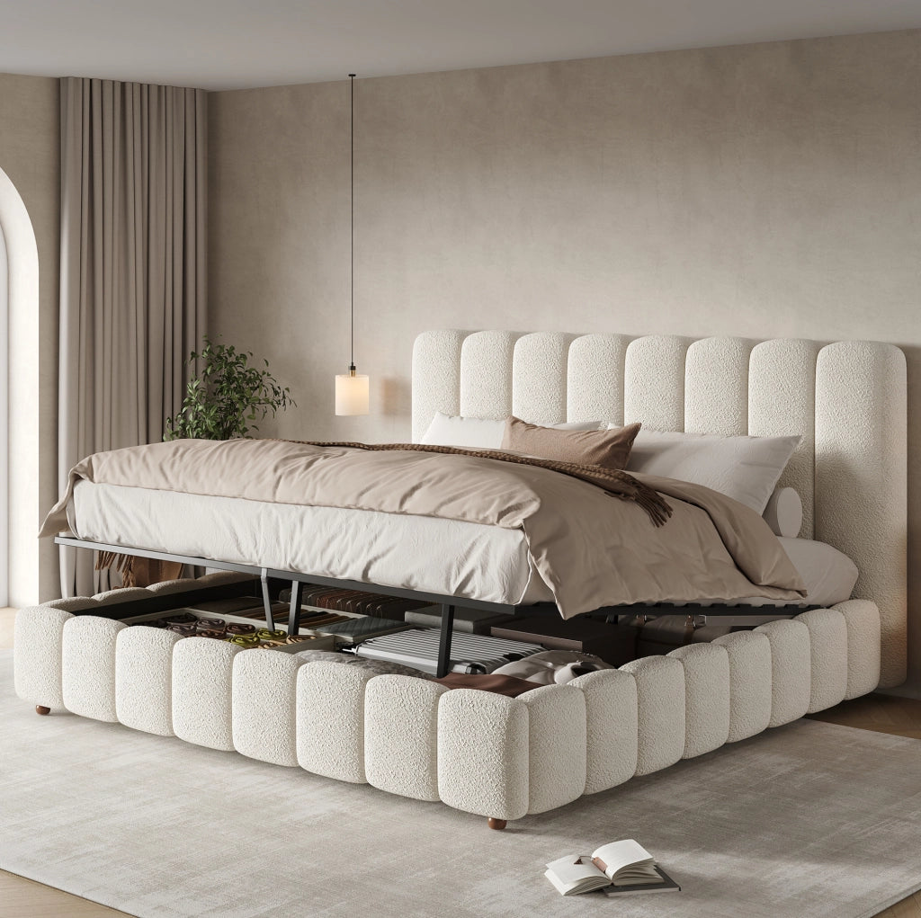 Letto matrimoniale 200x200 cm con contenitore idraulico; testiera imbottita; bouclé bianco
