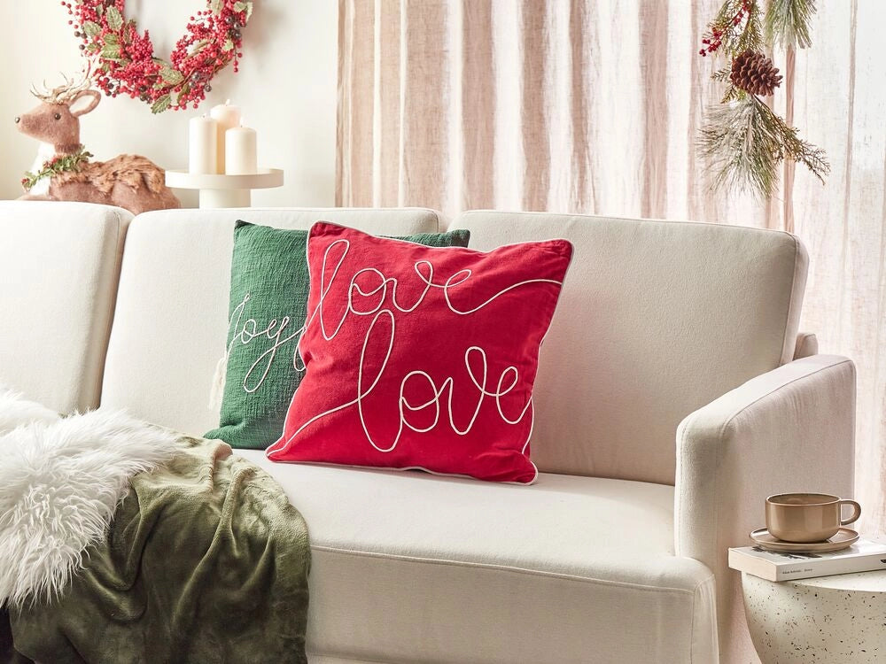 Cuscino in velluto di cotone rosso fatto a mano con ricamo di scrittura quadrato 45 x 45 cm sfoderabile con imbottitura