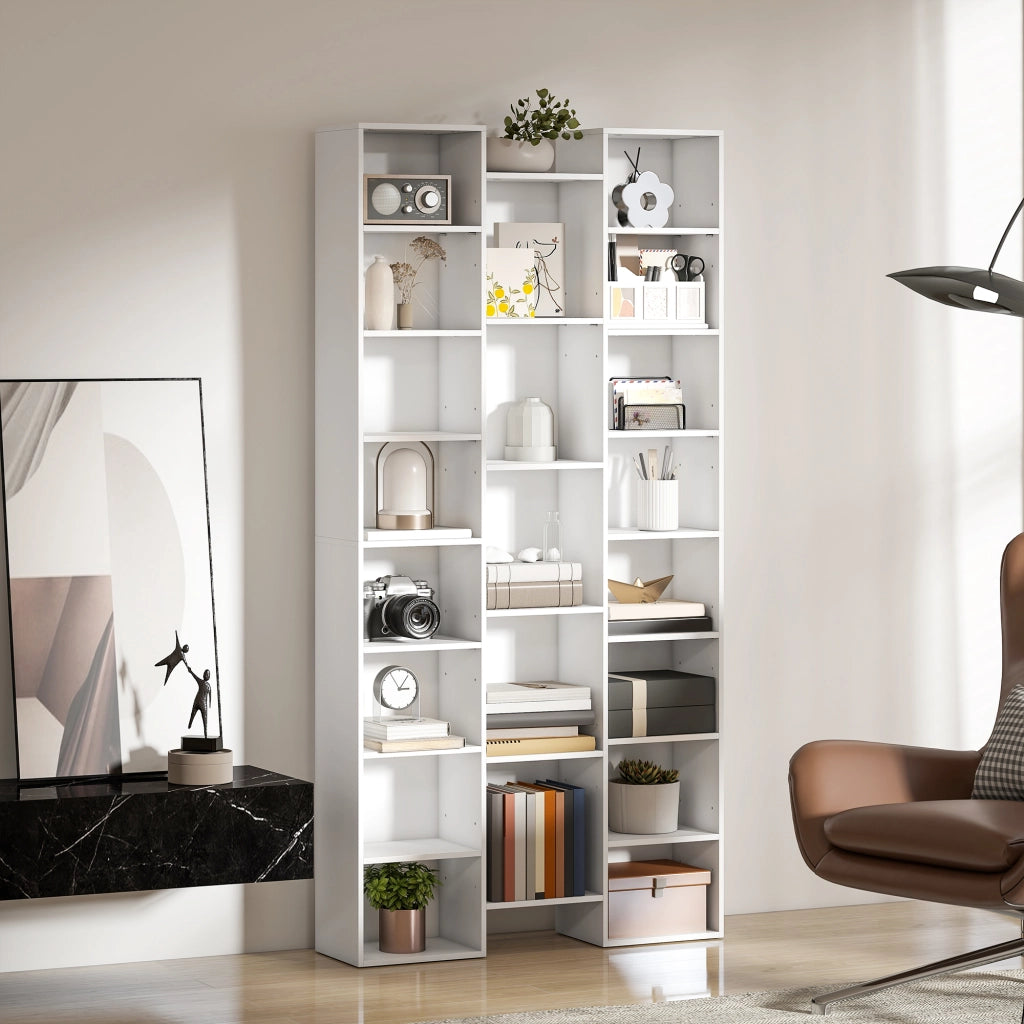 Libreria Moderna in Legno Alta 181 cm con 21 Scomparti e 10 Ripiani Regolabili, Bianco