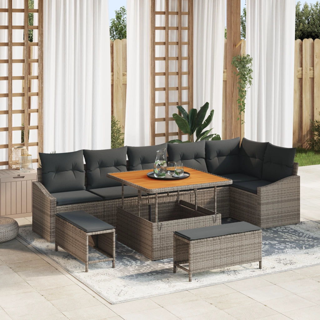 Set di divani da giardino 9 pezzi con cuscini grigio polyrattan acacia