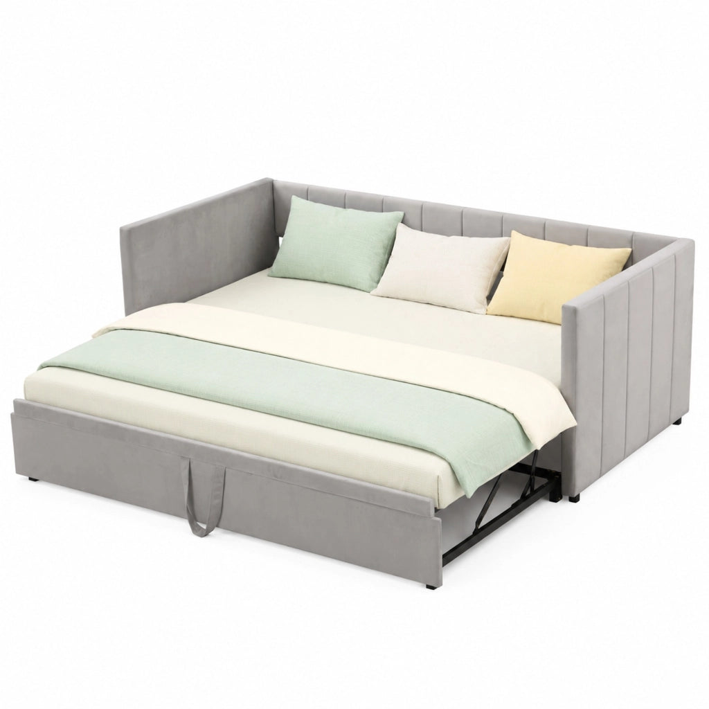 Divano letto imbottito estraibile 90x200 cm; trasformabile in 180x200 cm; in velluto grigio