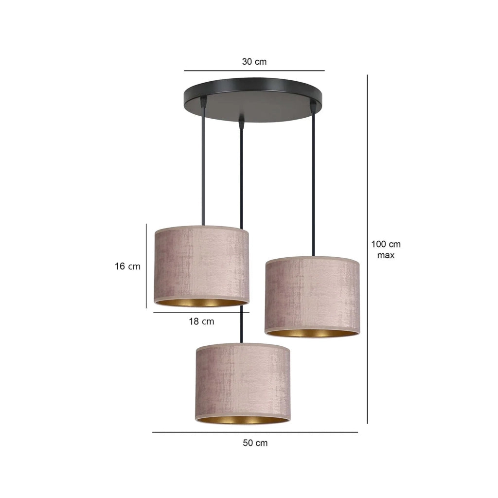 Lampadario Tondo 3 Luci Ganesha In Acciaio Nero E Paralumi In Tessuto Rosa