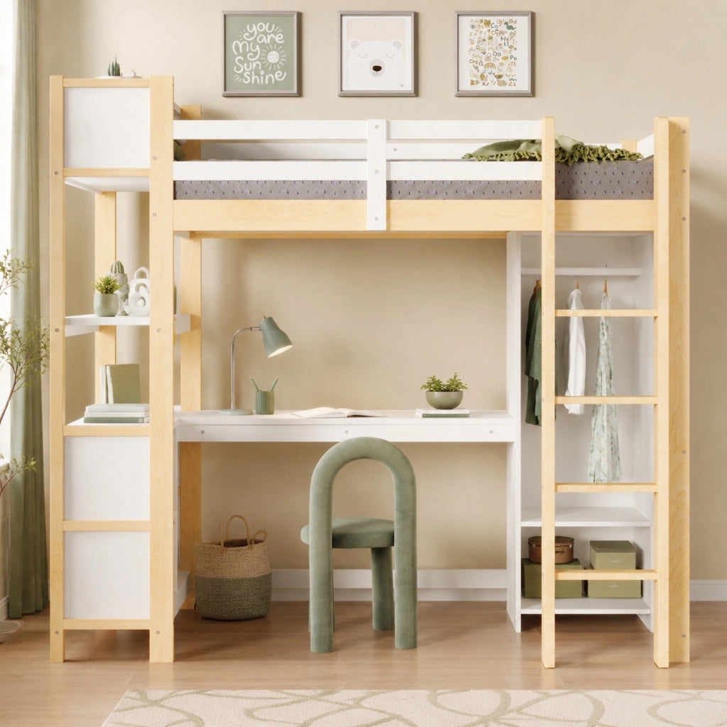 DESMIU Letto a soppalco 90 × 200 cm con scrivania, ripiani e armadio, senza materasso, per bambini da 6 anni, bianco naturale