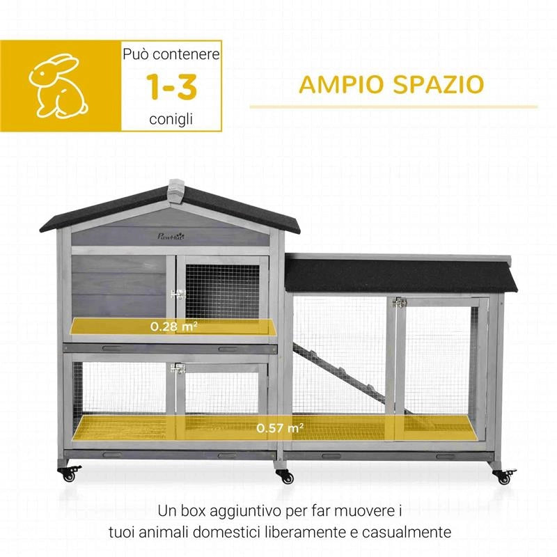 CONIGLIERA A 2 LIVELLI CON RETE PROTETTIVA E ROTELLE IN LEGNO E METALLO 157.4X53X99.5 CM GRIGIO