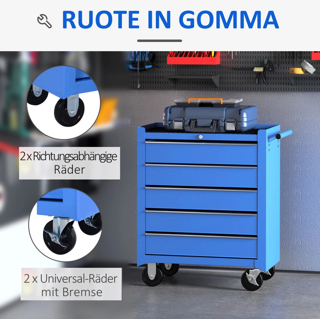 Carrello portautensili in acciaio blu con 5 cassetti