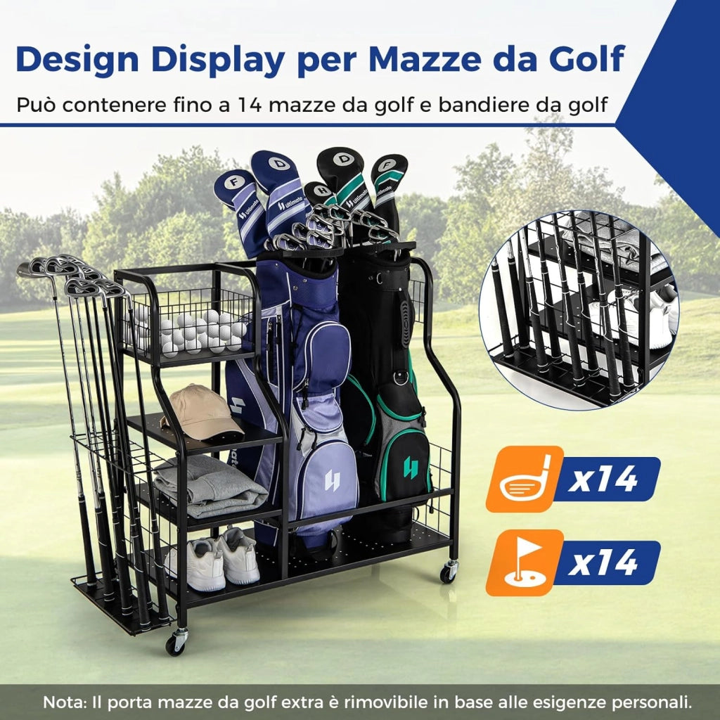 Organizer per Sacca da Golf, Supporto per 2 Borse da Golf con Extra Scaffale di Stoccaggio per Mazze da Golf, 6 Ganci Rimovibili e 4 Ruote per Garage e Club