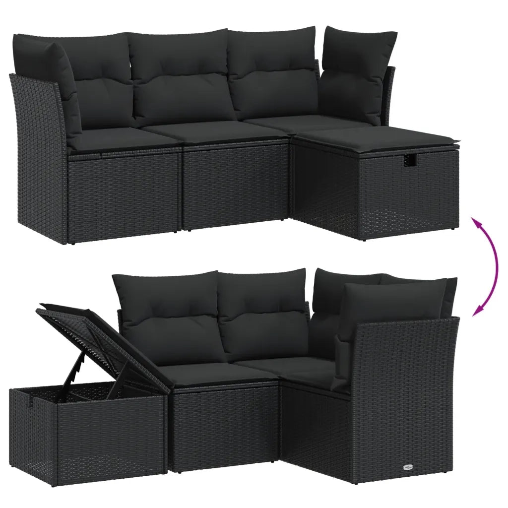 Set Divani da Giardino 4 pz con Cuscini Nero in Polyrattan