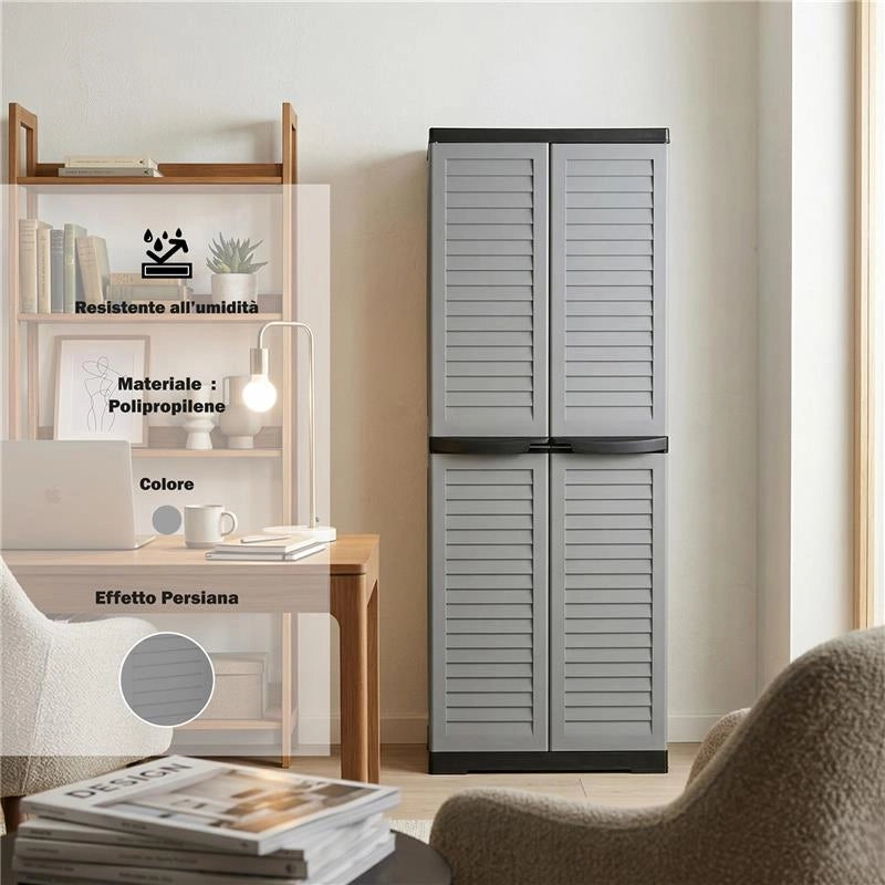 ARMADIO SLIM PERSIANA IN RESINA CON PORTASCOPE, RIPIANI E PREDISPOSIZIONE LUCCHETTO - COLORE GRIGIO DIMENSIONE 65X45X178H CM