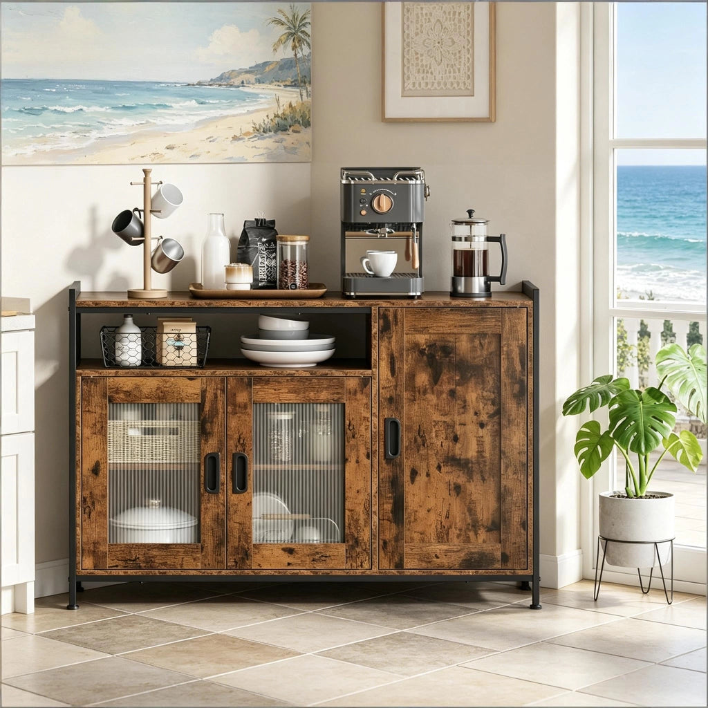 Credenza e madia con 1 vano aperto e 2 ante, ripiani regolabili, per cucina e soggiorno, in legno e metallo, marrone