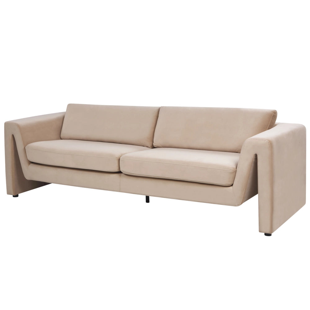 Divano a 3 posti imbottito in velluto beige con schienale imbottito e braccioli stile moderno