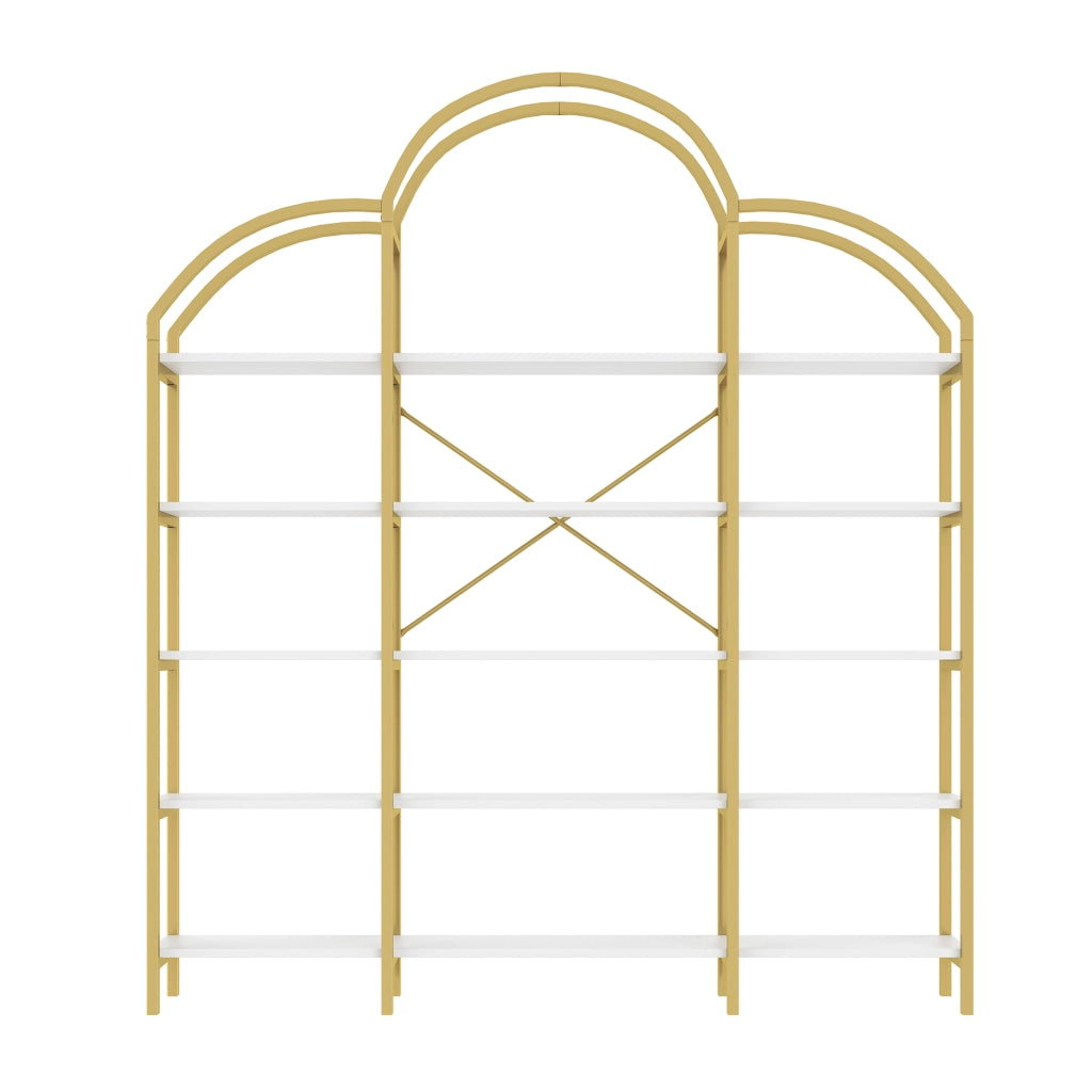OKWISH Scaffale a 5 Ripiani con Decorazione a Nuvola, Contenitore per Soggiorno o Studio, Metallo e MDF, Bianco e Oro, 170 × 26 × 190 cm