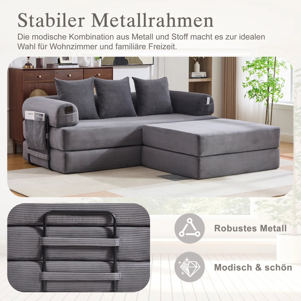 DIVANO MODULARE 200x190x67 cm in corduroy grigio scuro con pouf e 3 cuscini