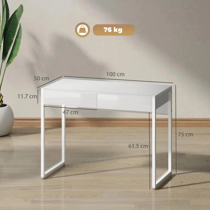 SCRIVANIA MODERNA CON 2 CASSETTI E GAMBE IN ACCIAIO, 100X50X75 CM, BIANCO LUCIDO