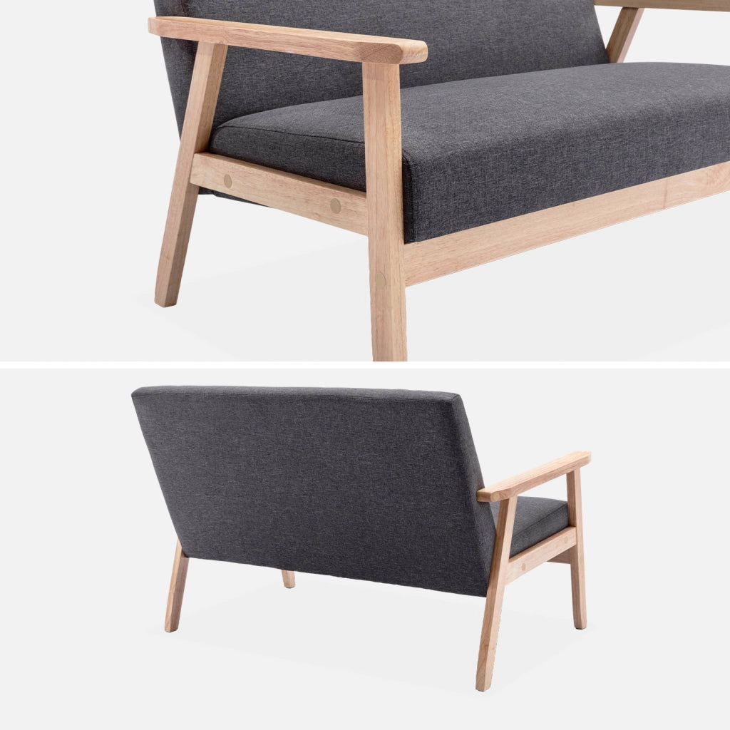 Divano stile scandinavo in legno e tessuto, 2 posti, grigio scuro