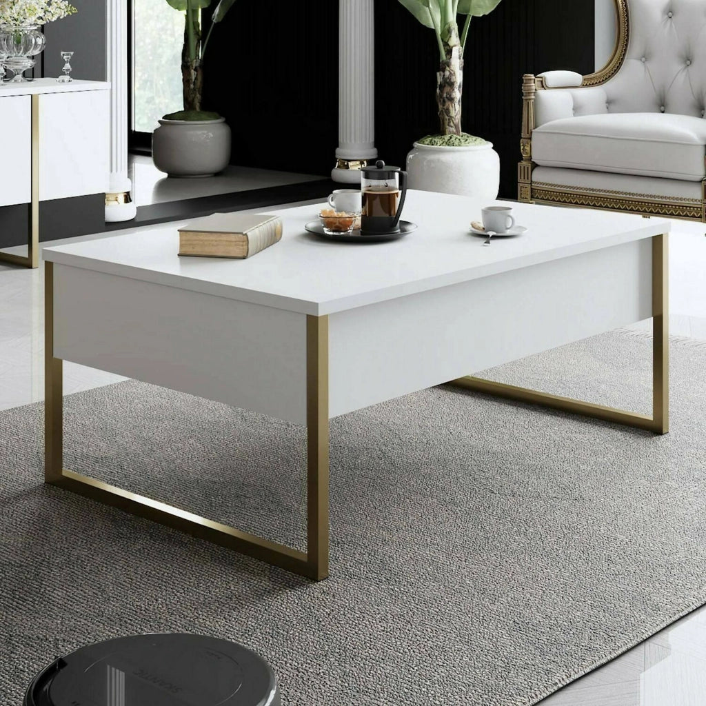 Tavolino da salotto Lavinia, Tavolo basso da caffè, Portariviste per divano, Ripiano da soggiorno, 90x60h40 cm, Bianco e Oro