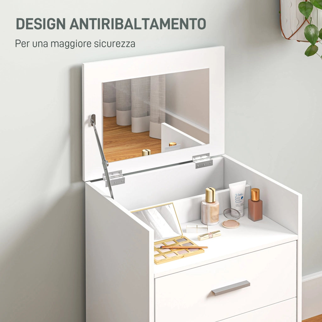 Consolle Trucco 50x40x113,5 cm con Specchio Ribaltabile 2 Cassetti e Sgabello a Scomparsa in Legno Bianco