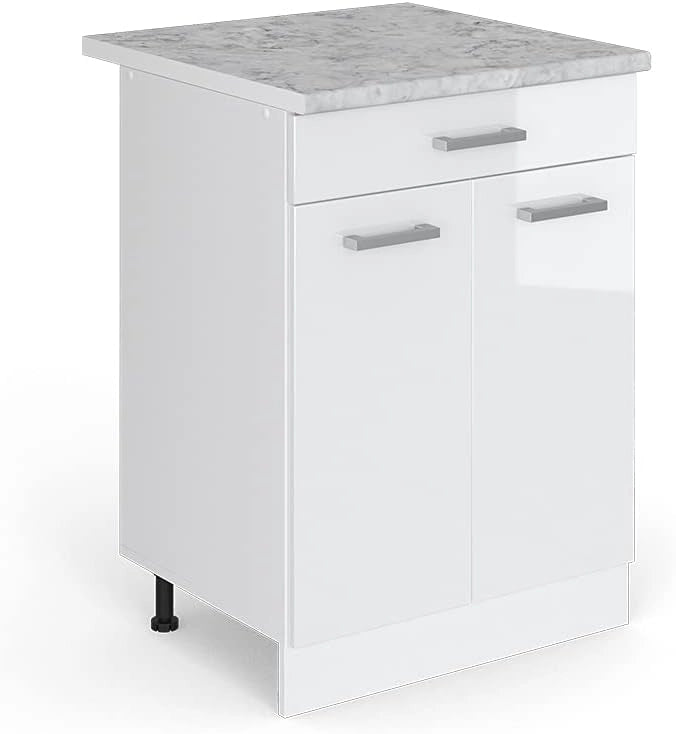 Mobiletto base per cucina R-Line, Bianco lucido, 60 cm con cassetto PL Marmo, per la libera combinazione all'interno di sistemi cucina modulari