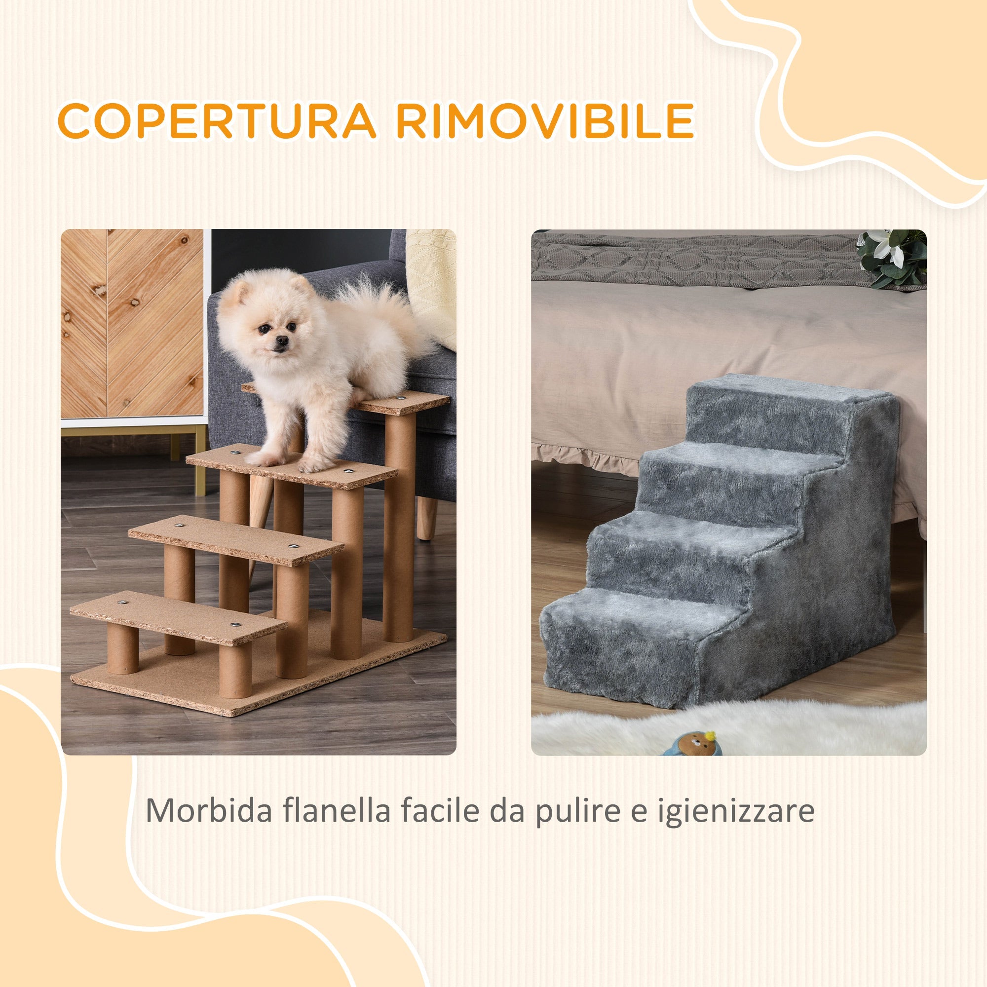Scaletta per Cani 4 Gradini 60x35x44 cm in Flanella Sfoderabile e Truciolato Grigio chiaro