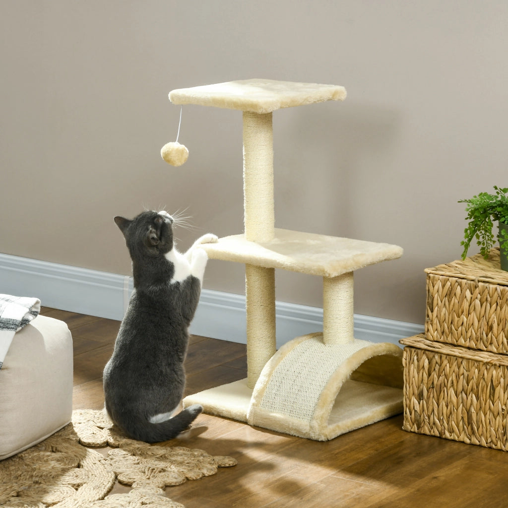 Albero per Gatti a 3 Livelli con Tiragraffi, Peluche e Sisal, 40x35x72 cm, Crema