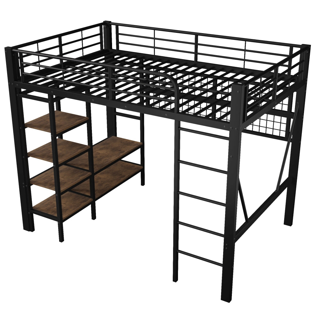 Letto a Soppalco con LED ¨C MINIMAL ¨C Ferro Nero 140x200, Barra Appendiabiti, Senza Materasso