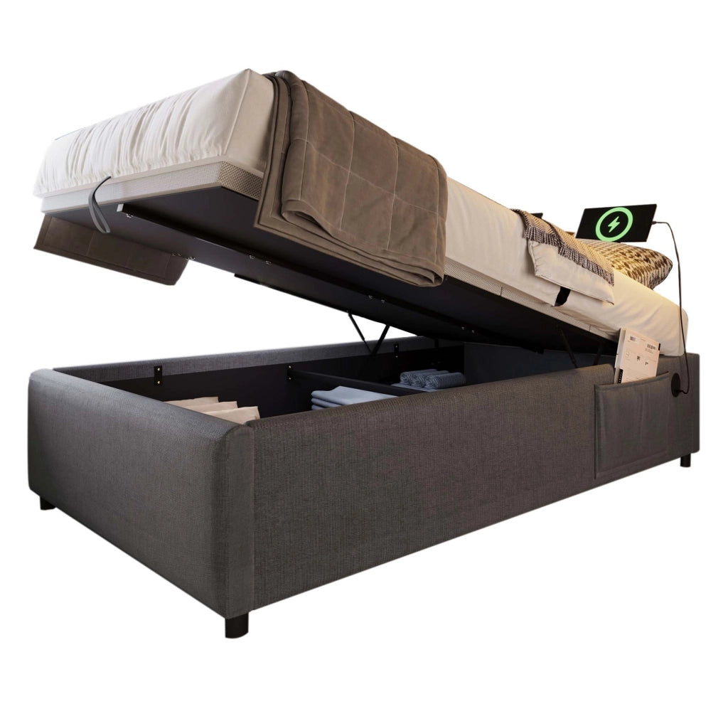 Letto contenitore 90x200 cm grigio con USB/Type-C