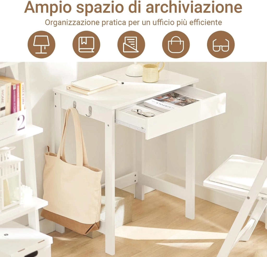 Scrivania Salvaspazio con 1 Cassetto e 2 Ganci Tavolo da Lavoro Angolare Piccolo per Ufficio o Studio Scrivania Bianca per Casa, Cameretta o Computer 60x40x77cm FWT43-W