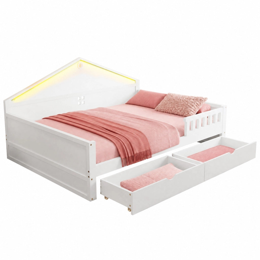 Letto Singolo 140x200 cm; Letto con 2 Cassetti e LED Regolabile - in Legno Bianco