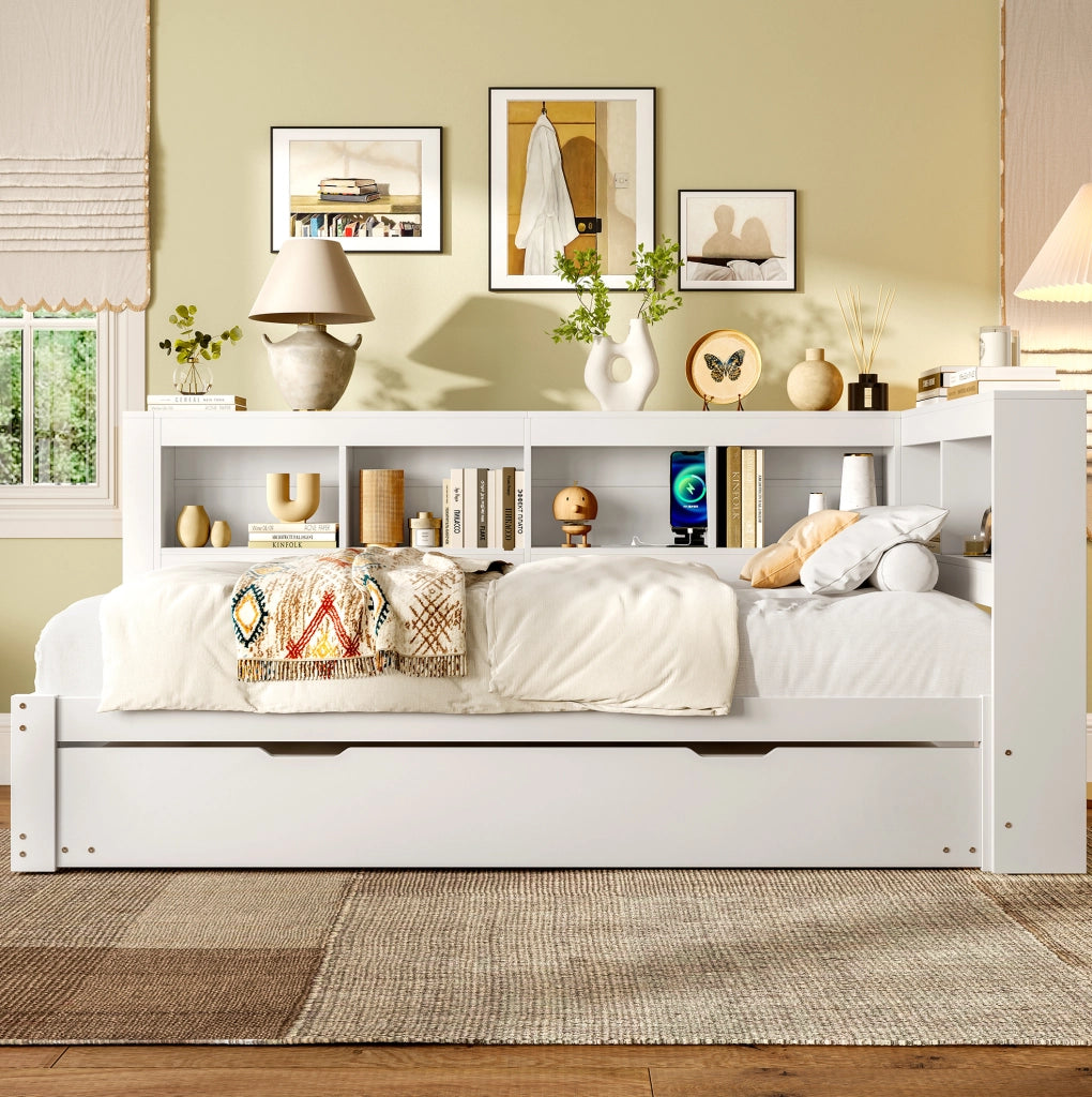 Divano letto 90x200 cm con letto estraibile; presa di ricarica e 2 porte USB in pino bianco