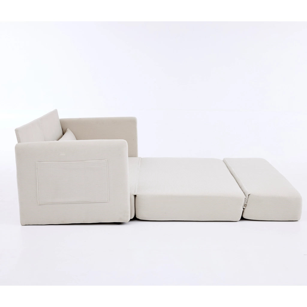 Divano letto convertibile 2 posti in velluto a coste con 2 cuscini lombari e tasche laterali in ferro beige