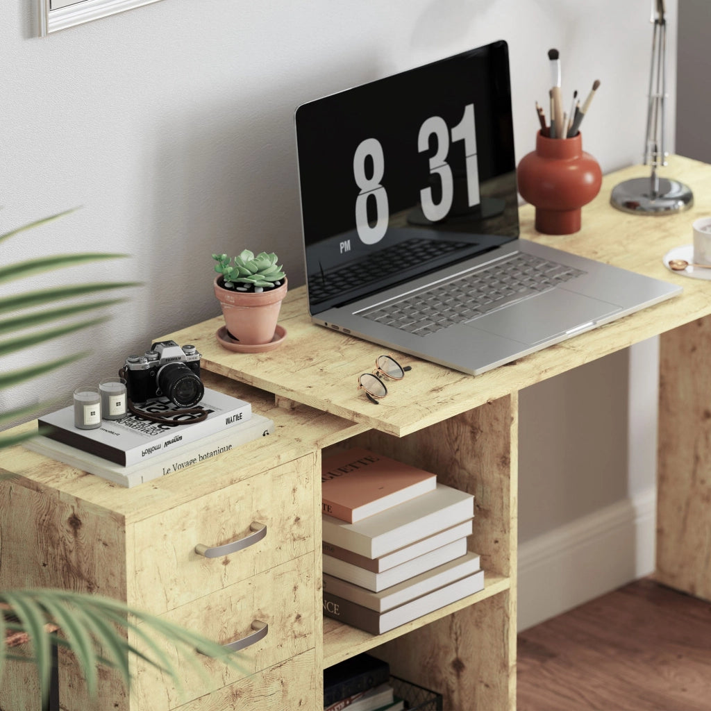 Scrivania da Ufficio Angolare 3 Cassetti e Ripiani Aperti 117x83,5x76 cm in Legno e Metallo Noce