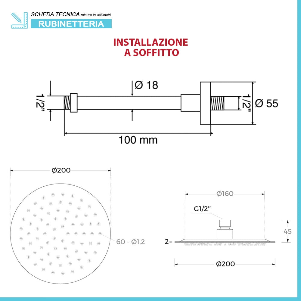 Set doccia in ottone cromo con rubinetto doccia a incasso tondo braccio verticale e soffione