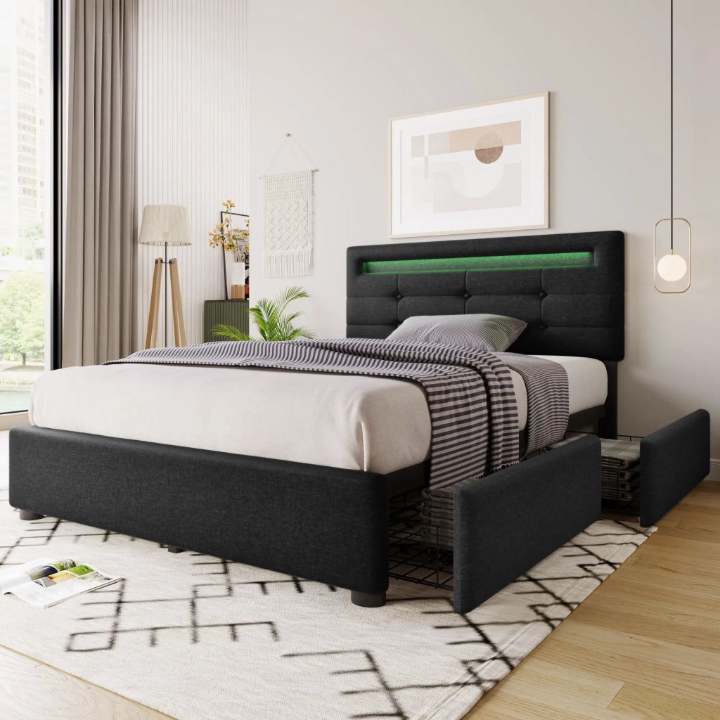 Letto singolo imbottito 90x200 cm con LED; 2 cassetti; testiera regolabile e rete a doghe; nero