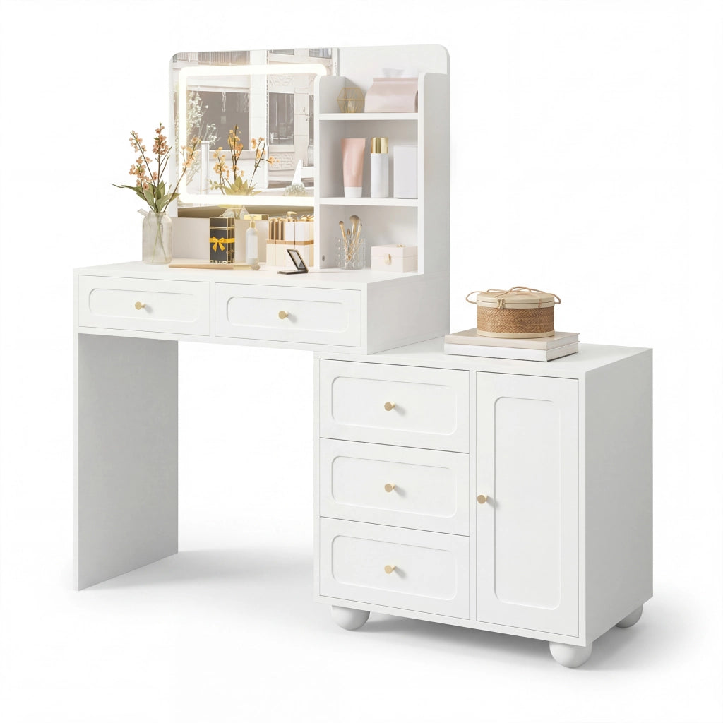 Tavolo da trucco bianco con specchio HD, 5 cassetti, 1 anta, 3 vani a giorno e illuminazione LED a 3 modalit¨¤