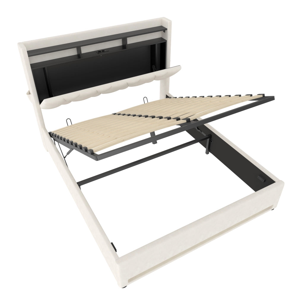 Letto imbottito 160x200 cm con LED; contenitore e USB in velluto beige