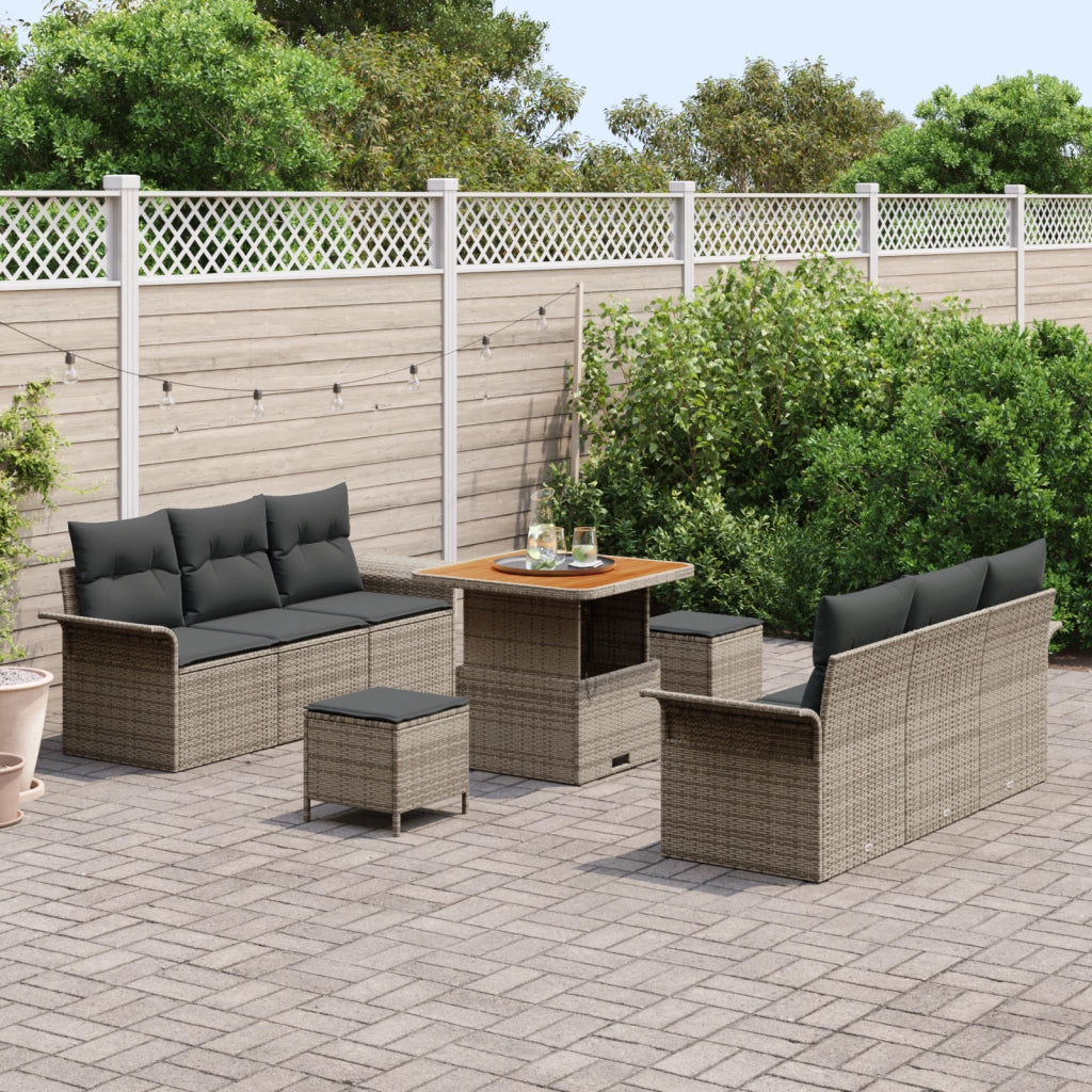Set Divano da Giardino 9 Pezzi con Cuscini Grigio Rattan Sintetico Acacia