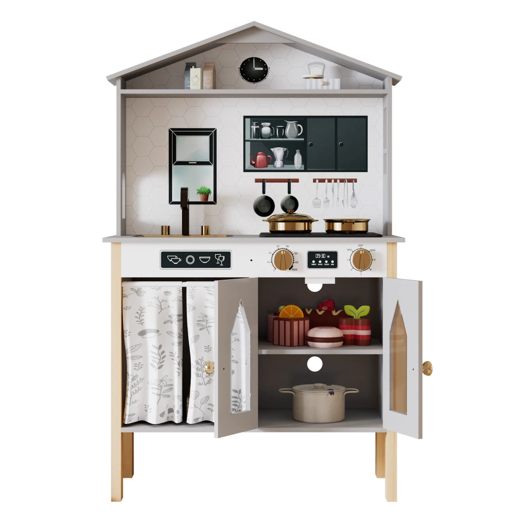 Cucina giocattolo per bambini con rubinetto, fornello, lavello, armadietto e spazio in MDF grigio 28.5 × 60 × 92 cm