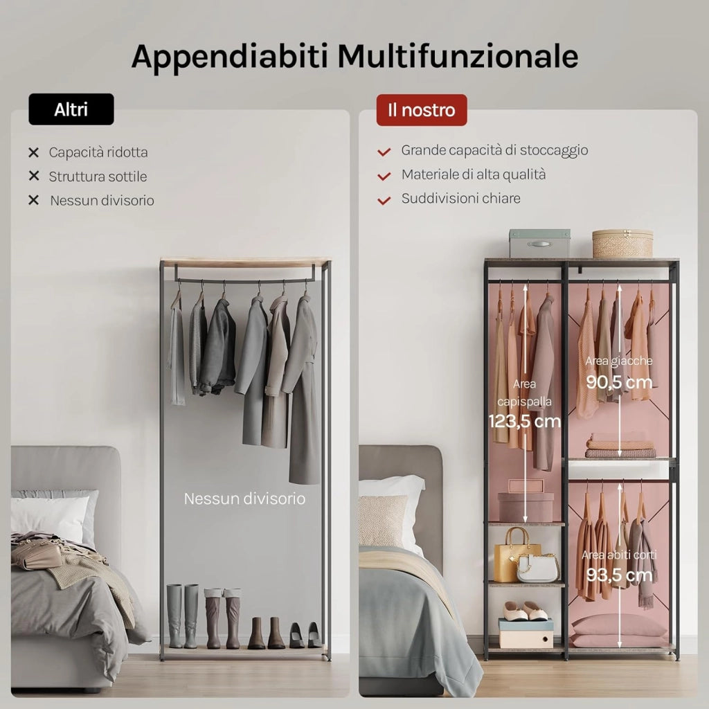 Porta Abiti in MDF e Acciaio, Appendiabiti con Scaffali, Attaccapanni Moderno, Guardaroba Armadio Nero 90x40x204,5 cm