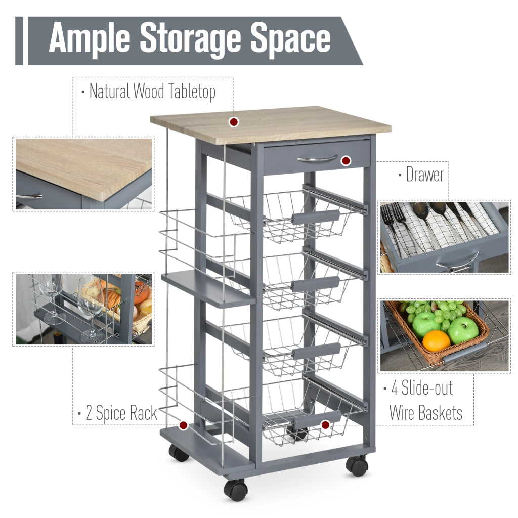 EasyComfort Carrello da Cucina in Grigio Scuro con 1 Cassetto e 4 Cestelli Metallici