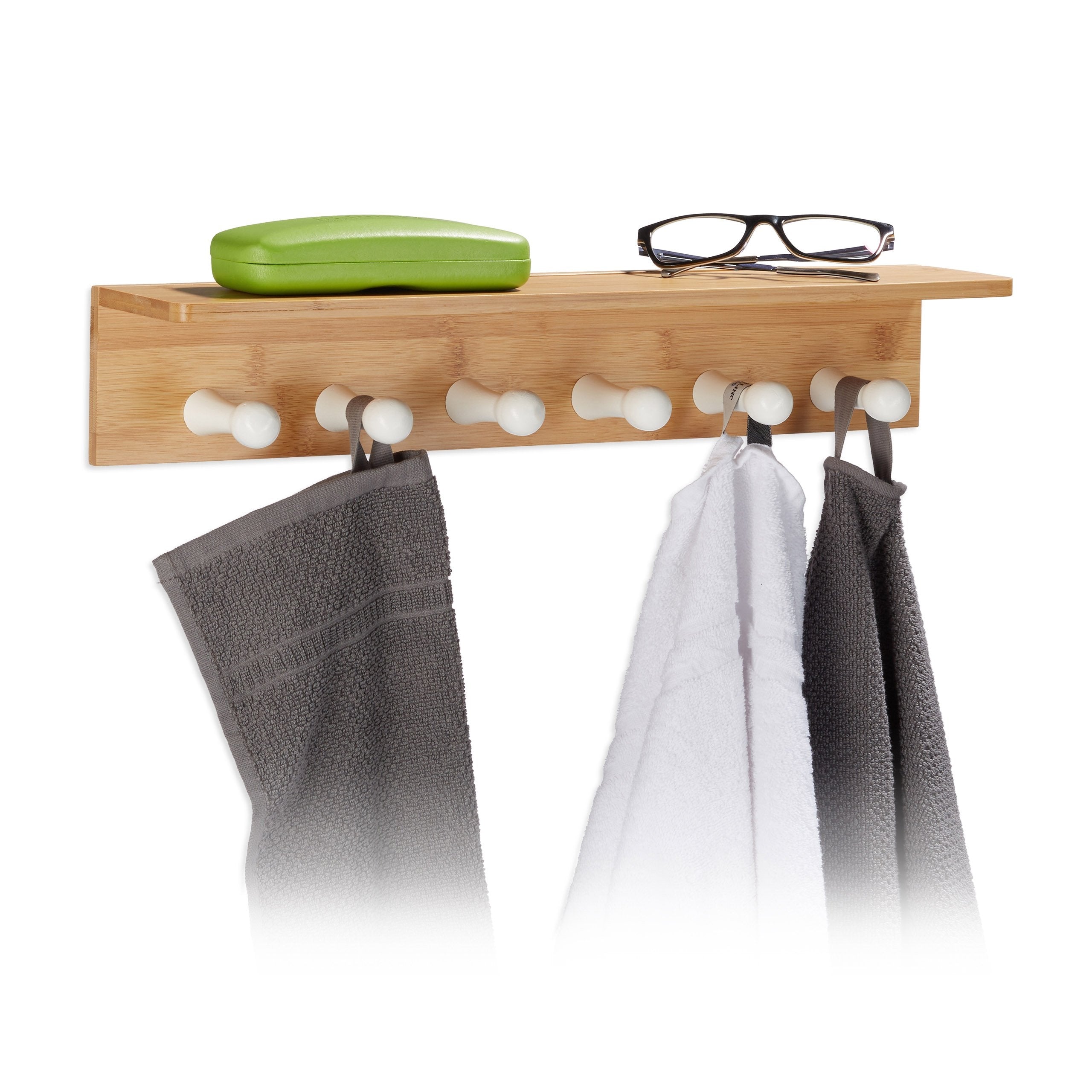 Portasciugamani in bambù portaoggetti 6 ganci appendiabiti mensola con ripiano 50 cm 3213107