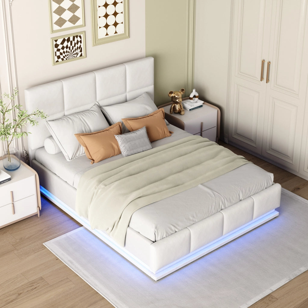 Letto Contenitore 140x200 cm; Letto Matrimoniale; con LED; in Ecopelle; Bianco