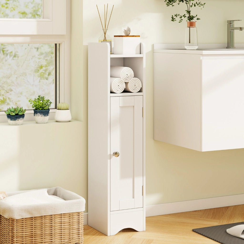 Armadietto da terra angolare con porta e ripiani regolabili, Porta carta igienica stretto per soggiorno e bagno Bianco