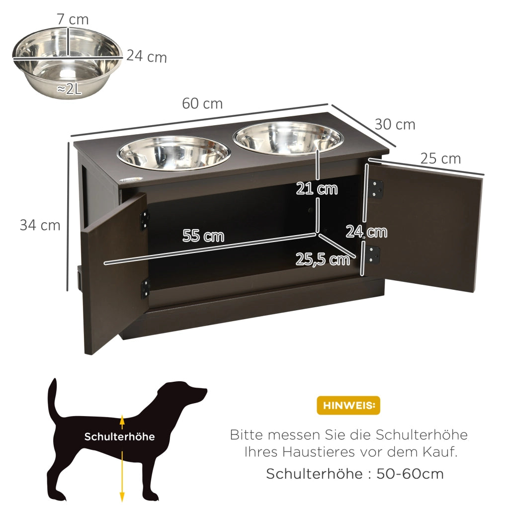 Mangiatoia rialzata per cani con contenitore e 2 ciotole estraibili in MDF color caffè 60 × 30 × 34 cm