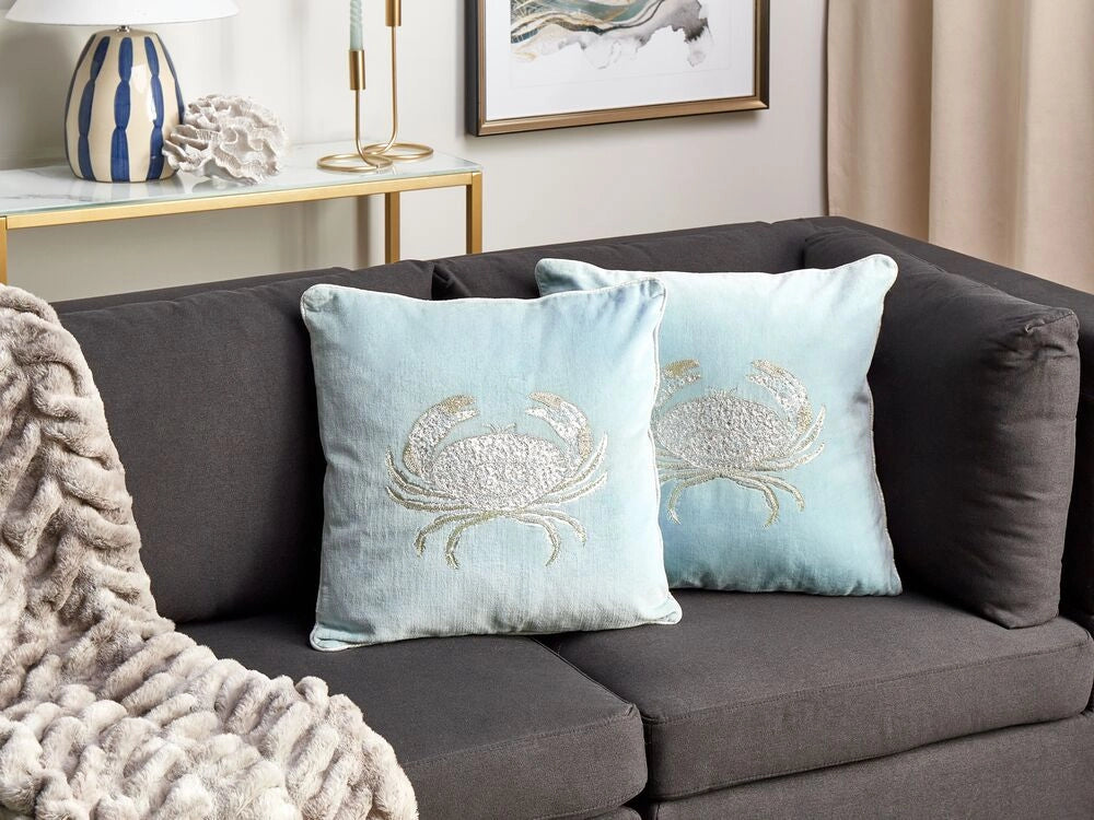Set di 2 cuscini in velluto quadrato motivo granchio marino blu accessorio soggiorno camera da letto