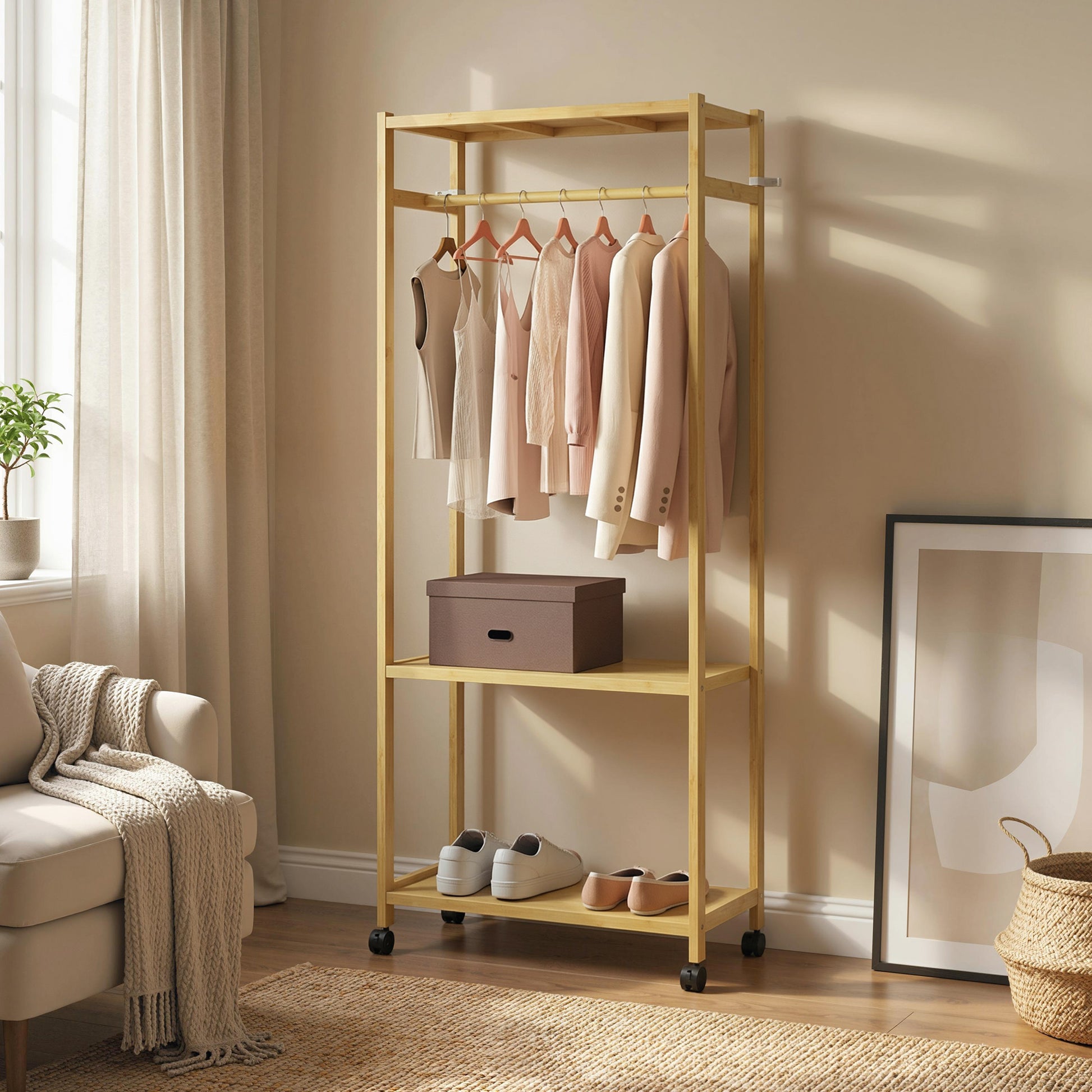 Stand Appendiabiti da Terra 70x35x175 cm con Barra Ripiani e 4 Ruote in Bambù Legno Naturale