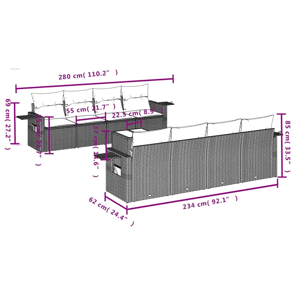 Set Divano da Giardino 9pz con Cuscini Grigio Chiaro Polyrattan 3219951