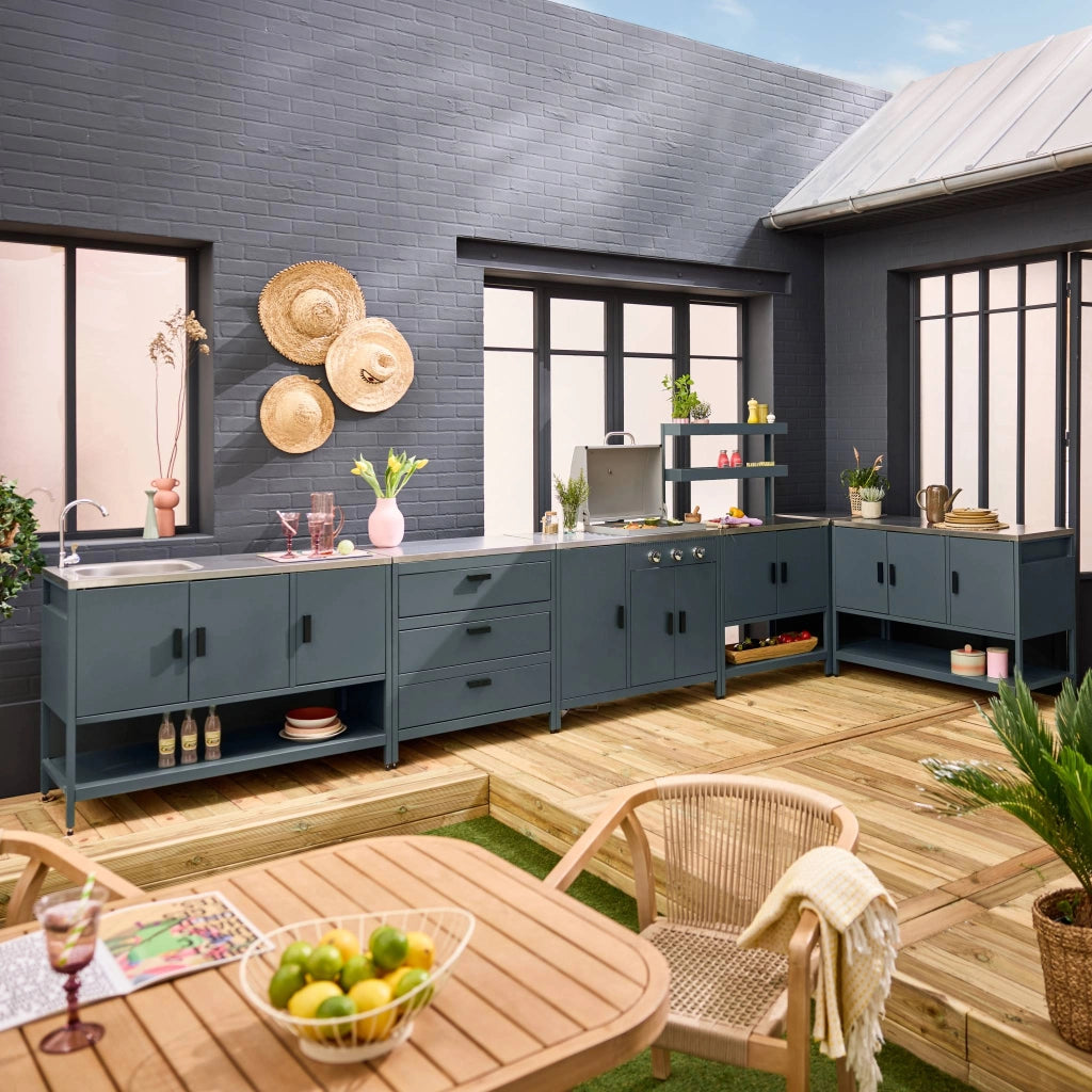 Cucina esterna 5 moduli con barbecue a gas 3 bruciatori, blu grigio